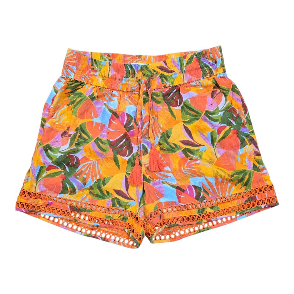 C&C California Tropical Palm Crochet Trim Linen Shorts Large with Tassels